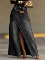 Women's high-waisted loose-fitting casual denim slit skirt
