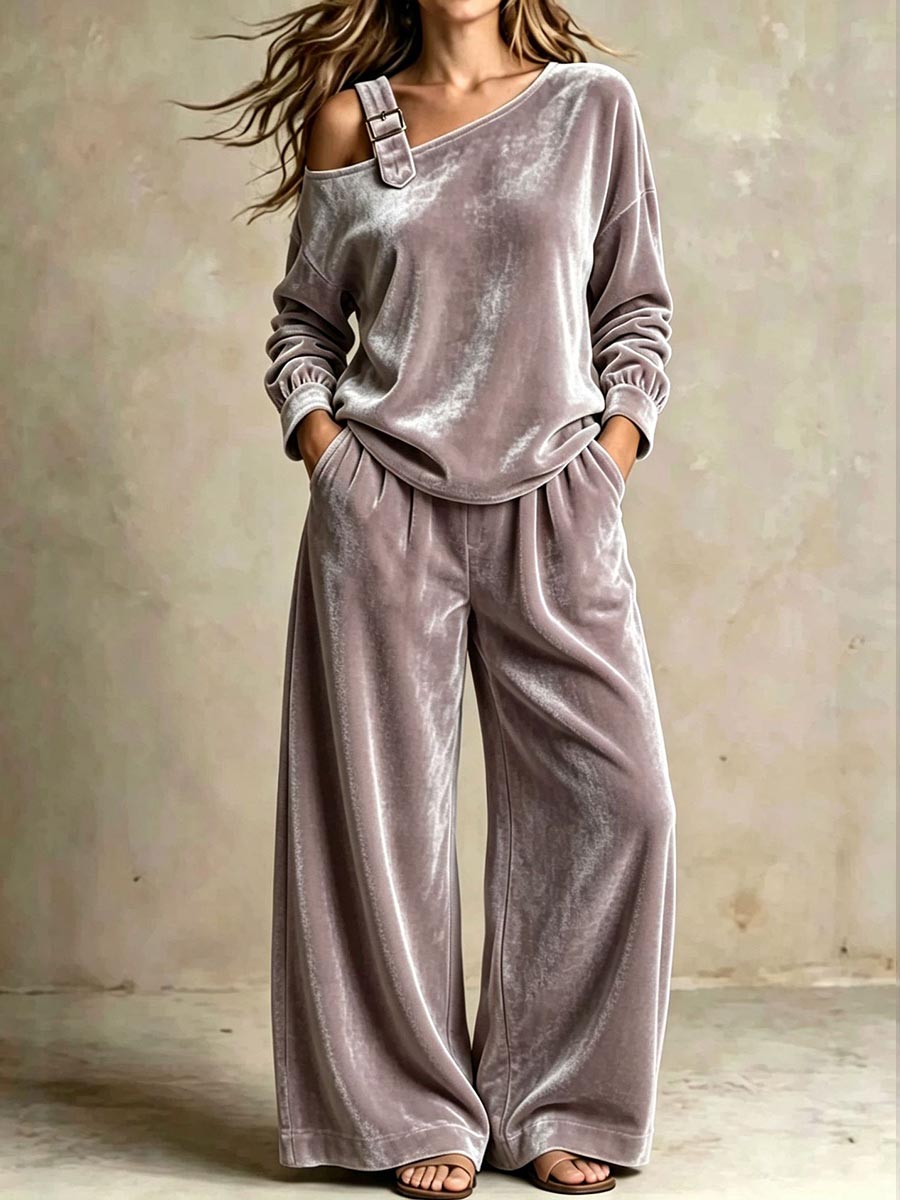 Women's Solid Color Off-shoulder Long-sleeve High-waisted Wide-leg Pants Velvet Set (loose Fit)