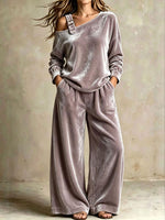 Women's Solid Color Off-shoulder Long-sleeve High-waisted Wide-leg Pants Velvet Set (loose Fit)