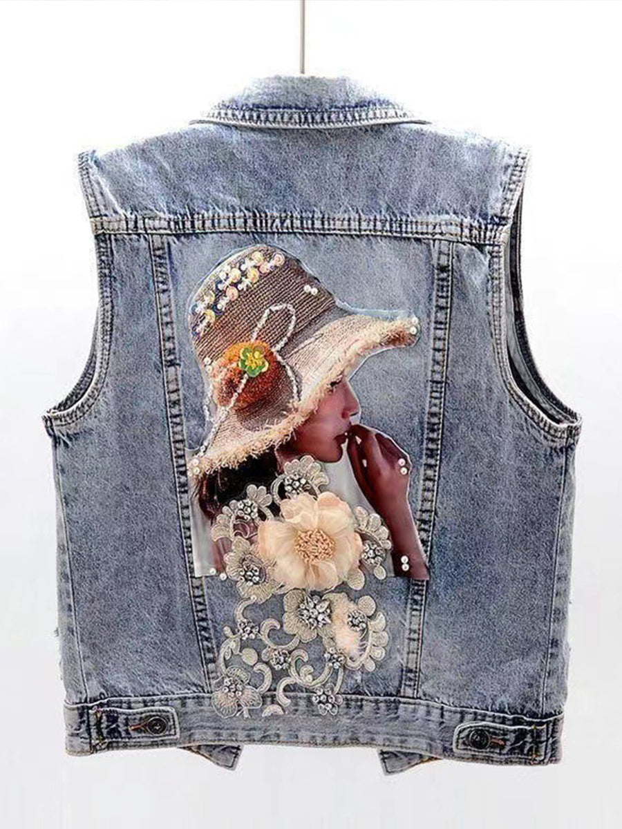 Romantic 3D Floral Embellished Denim Vest