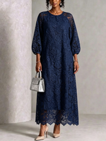 Round‑neck Raglan Lantern‑sleeve Lace Maxi Dress