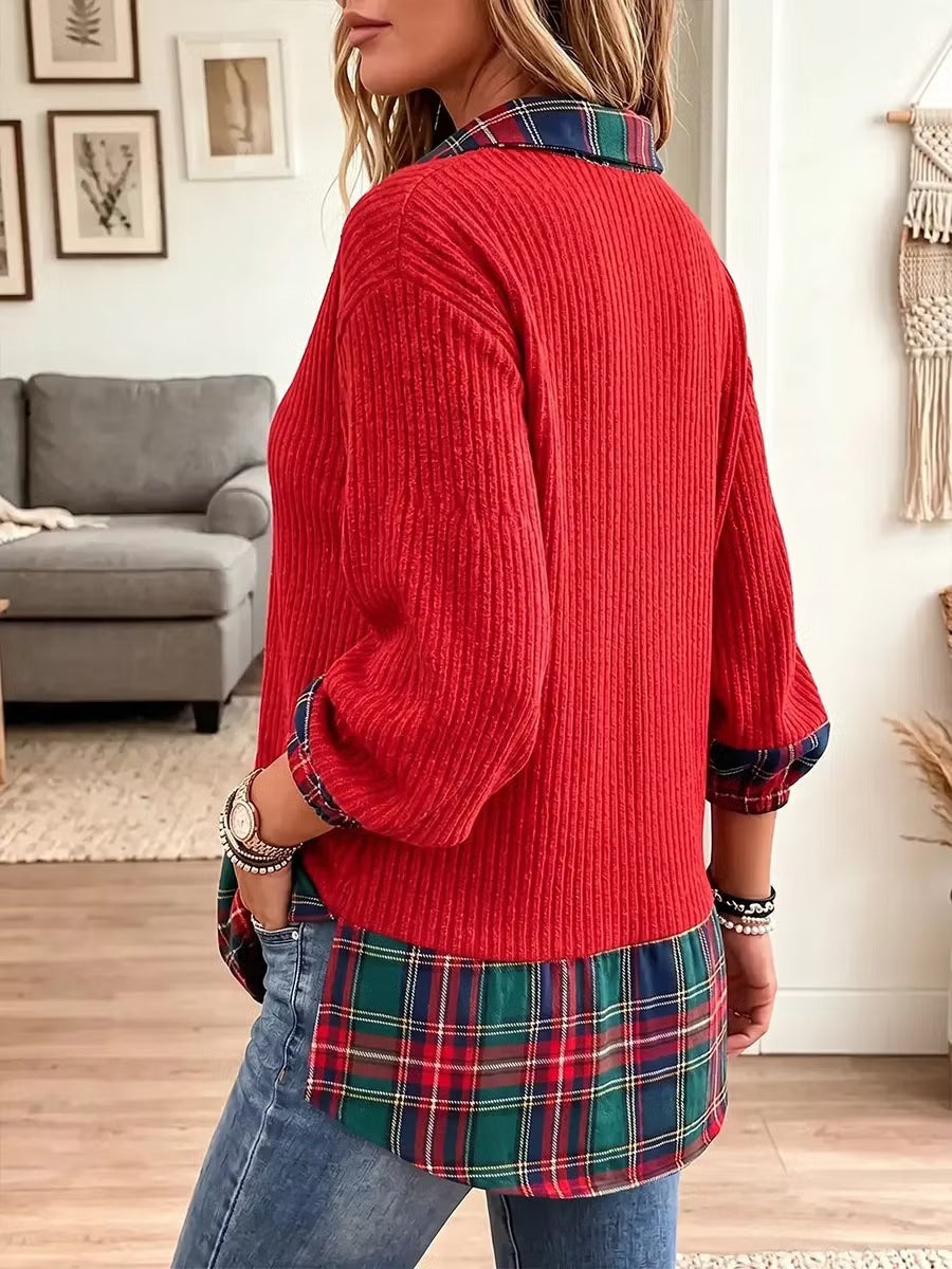 Top in maglia a coste casual con pannelli scozzesi a tema natalizio