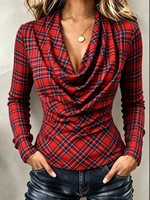 Elegant Cowl-neck Stretch Top With Classic Plaid Print