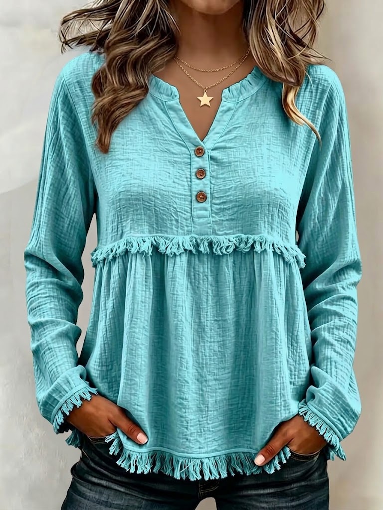 Long-sleeve Cotton-linen Blend Babydoll Top With Wooden Buttons, Tassels, And Ruffles