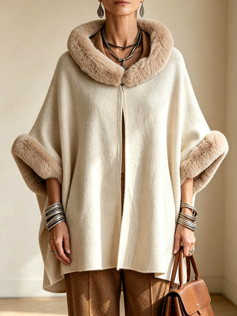 Cozy Fur-trimmed Hooded Poncho