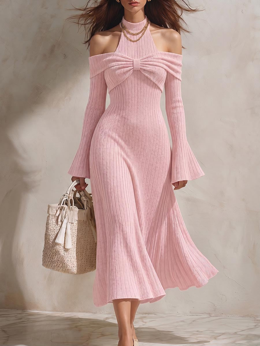 Women's Solid Color Stand-collar Off-shoulder Long-sleeve Casual Loose Knit A-line Dress