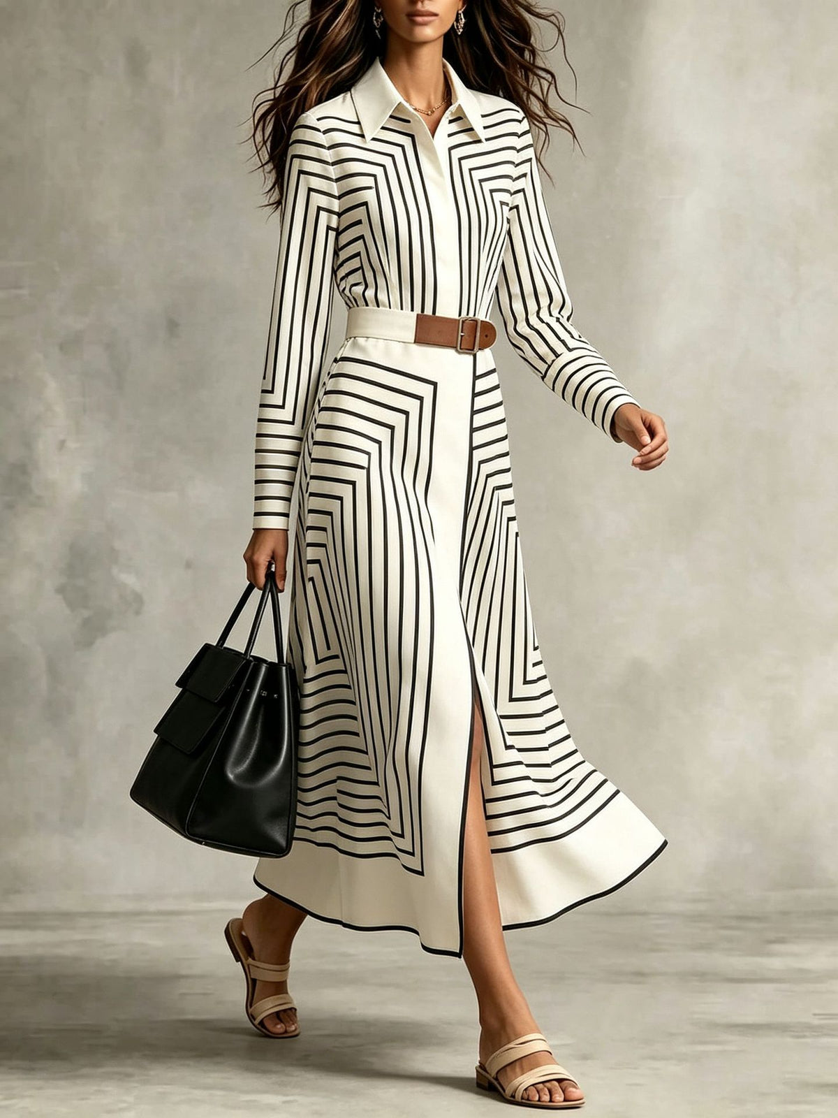 Elegante vestido camisero midi con botones y rayas geométricas con lazo en la cintura