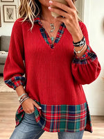 Top in maglia a coste casual con pannelli scozzesi a tema natalizio