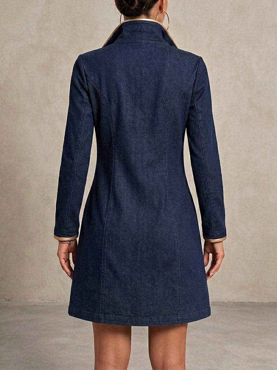 Women's Long-sleeved Casual Loose Denim Dress With Gold Trim And Metallic Eyelets