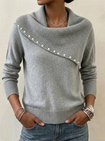 Asymmetric Pearl‑trim Draped Cowl Collar Knit Sweater