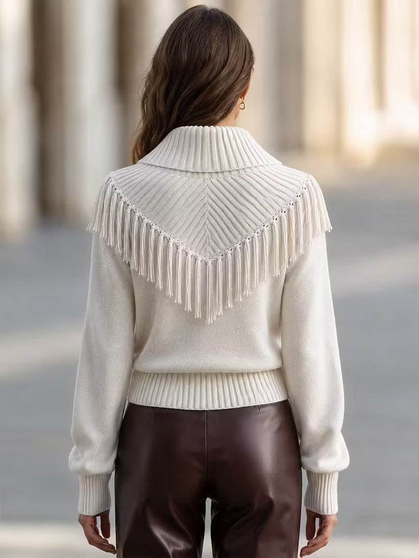 Chic Knit Top With A Draped, Tassel-accented Collar