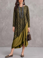Women's Round Neck Long Sleeve Casual Loose Leopard Print Patchwork Dress