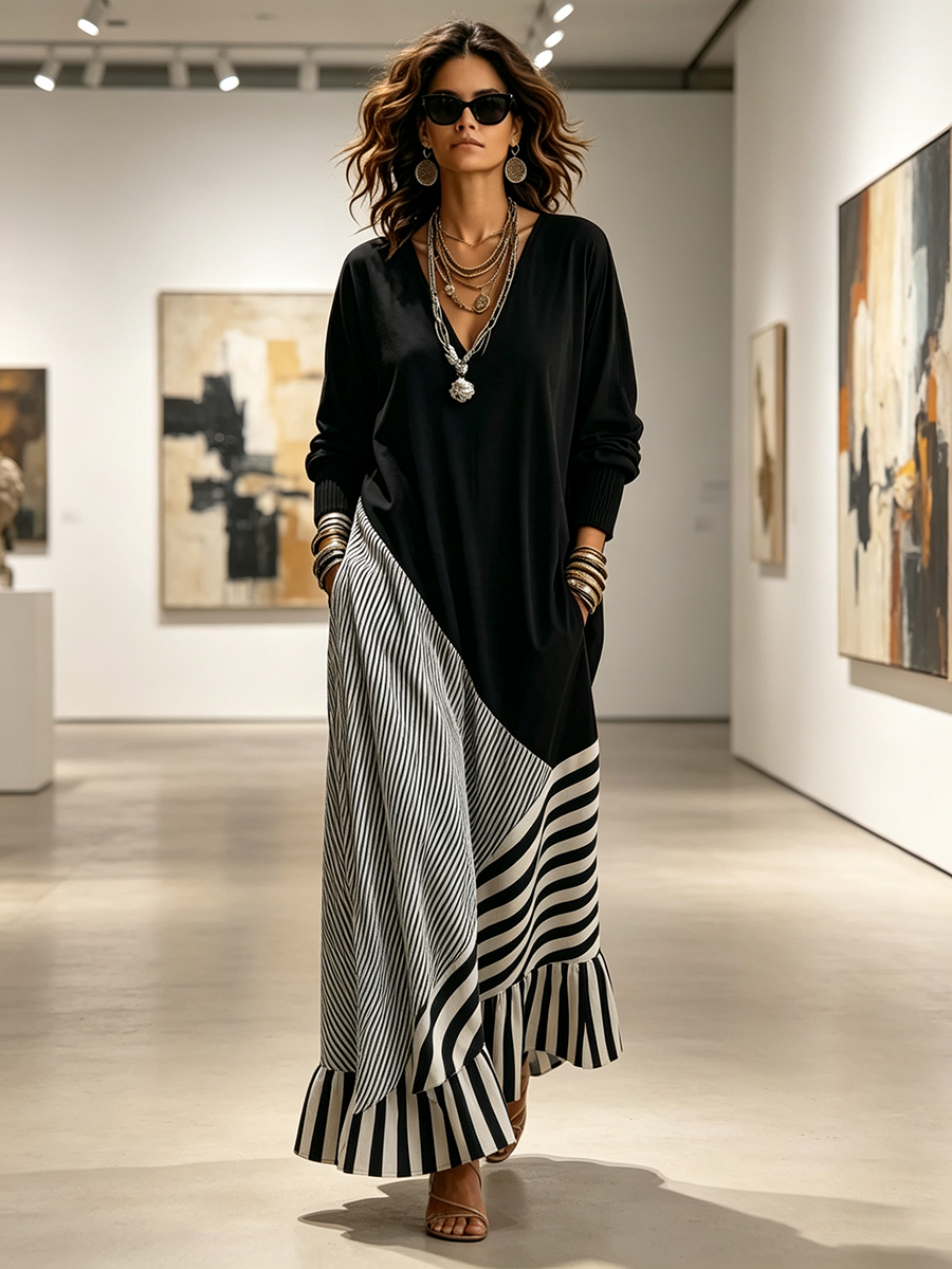 Chic Elegant Stretchy Black And Striped Maxi Dress