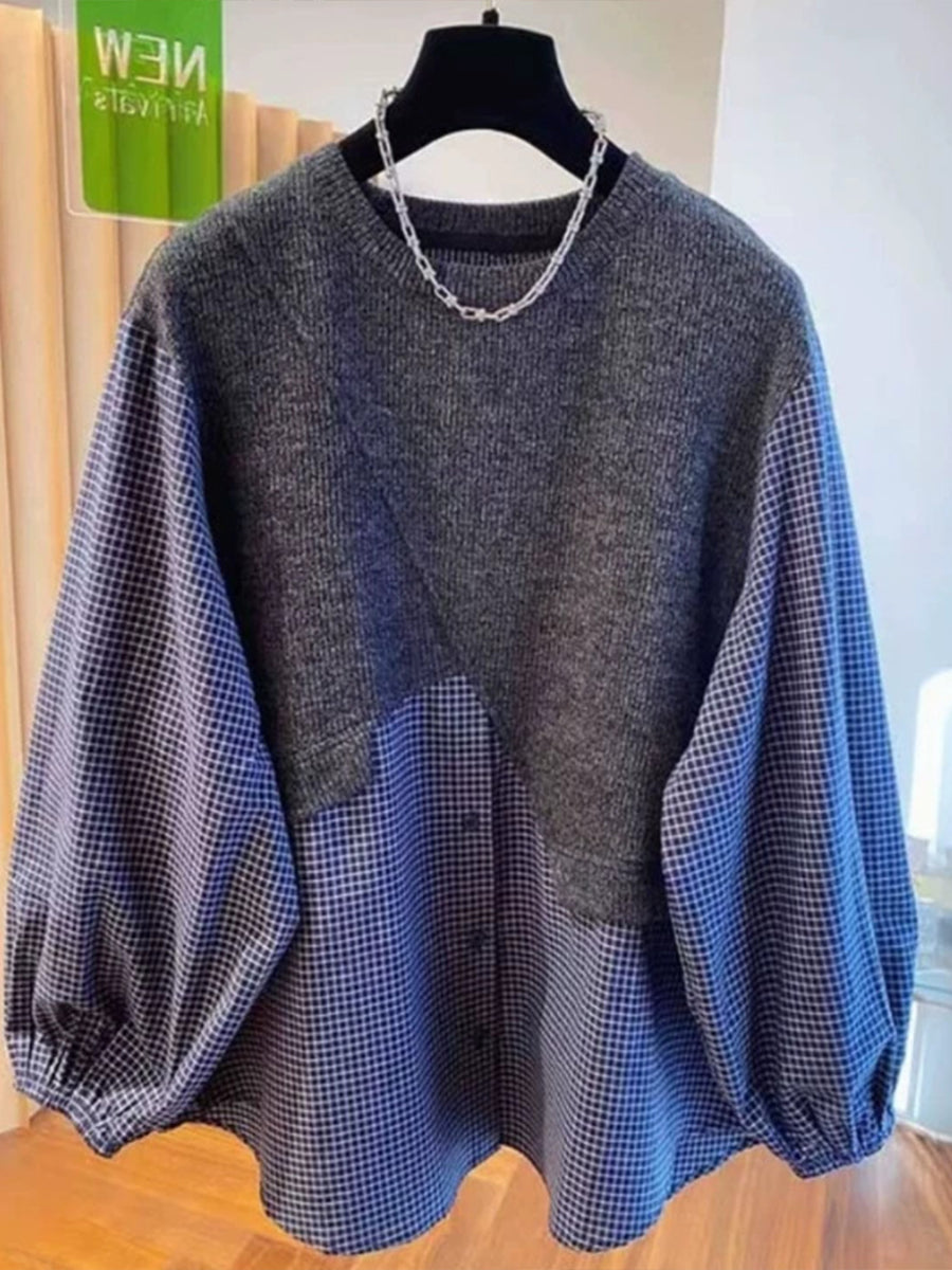 Top casual de punto a cuadros de algodón con patchwork