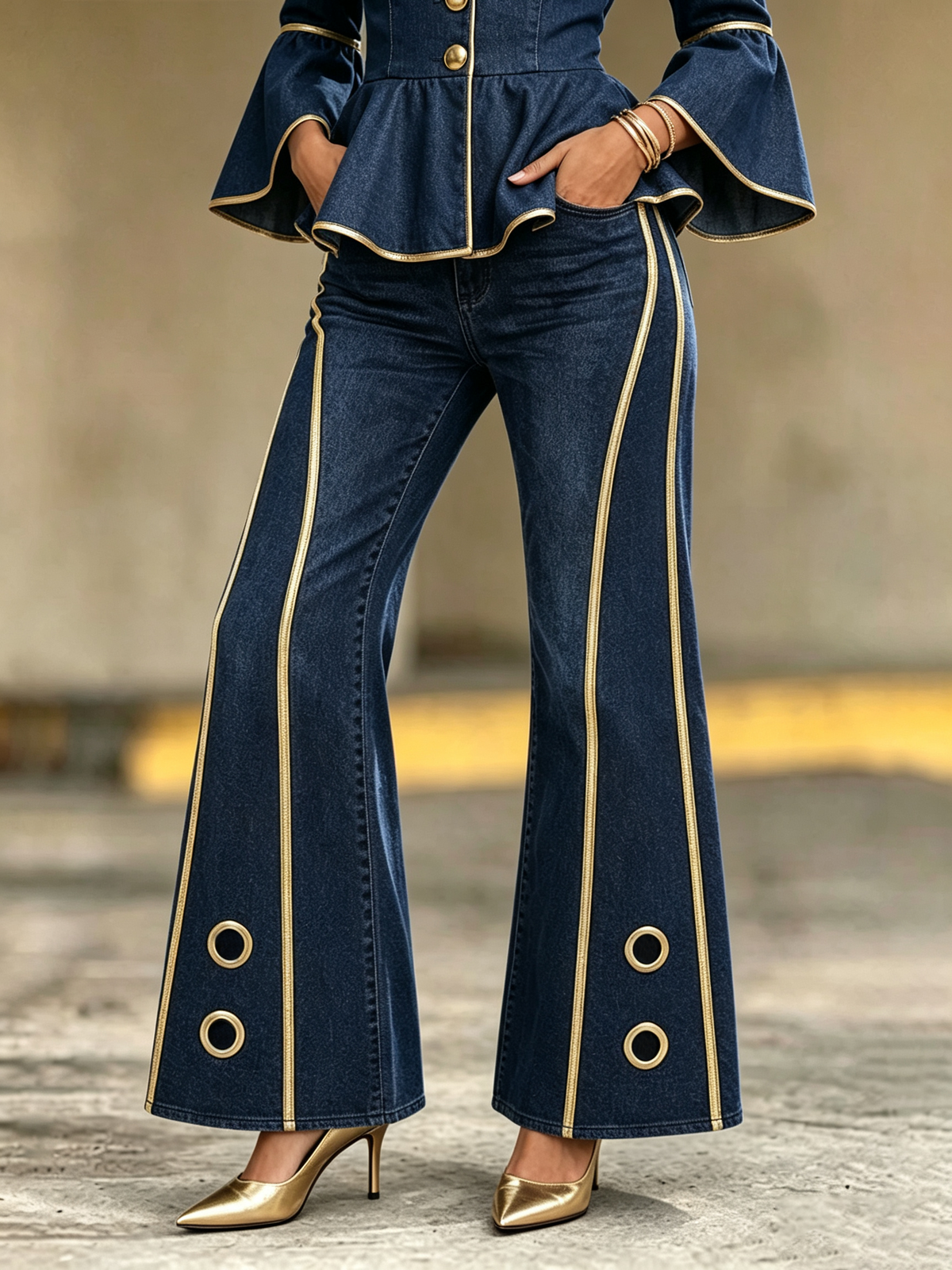 Retro-chic Stretch Denim Flare Jeans With Metallic Gold Accents