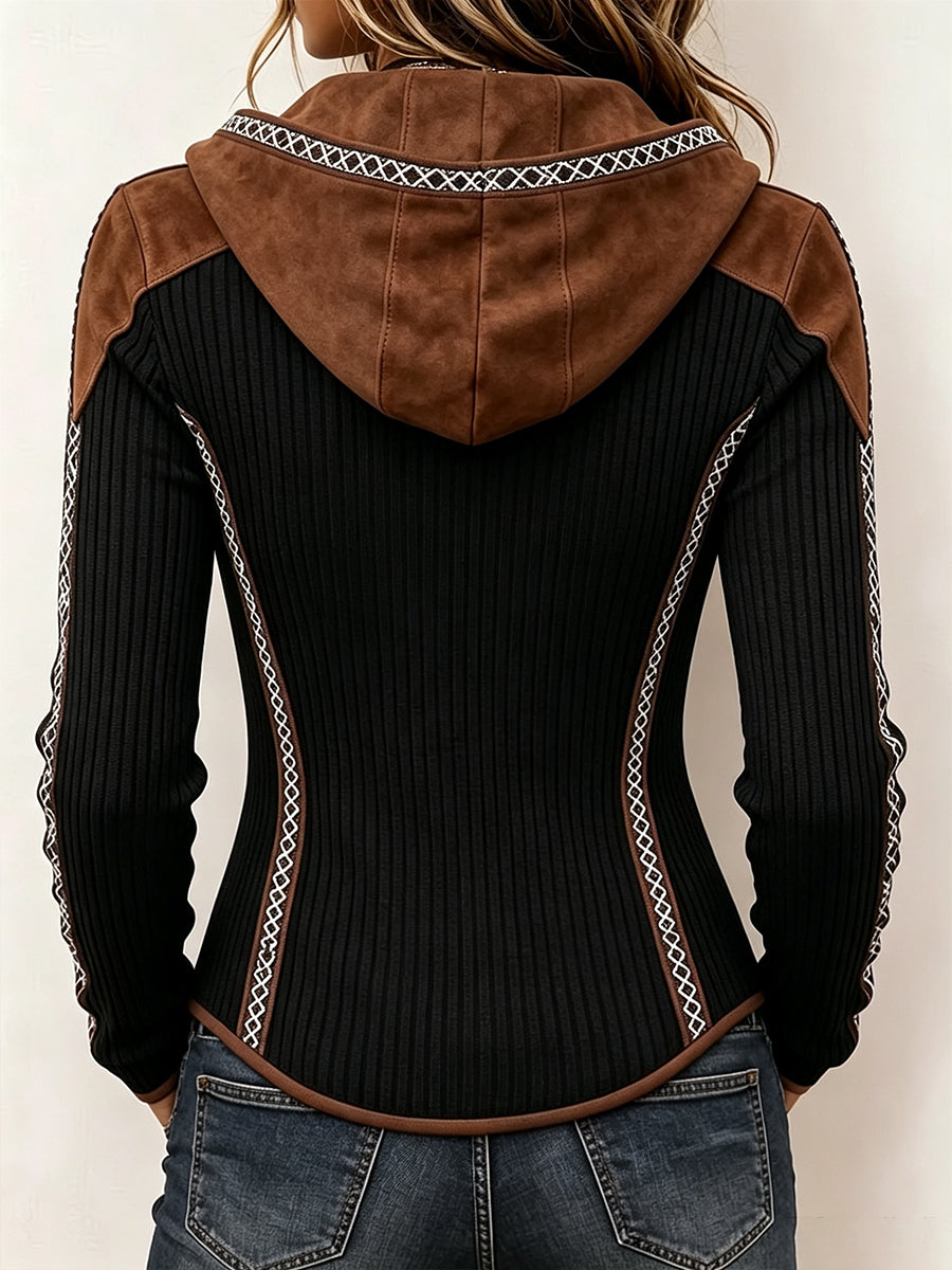 Cozy Contrast Trim Hooded Ribbed Pullover
