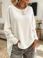 Casual Relaxed White Cotton Long-sleeve Stretch T-shirt