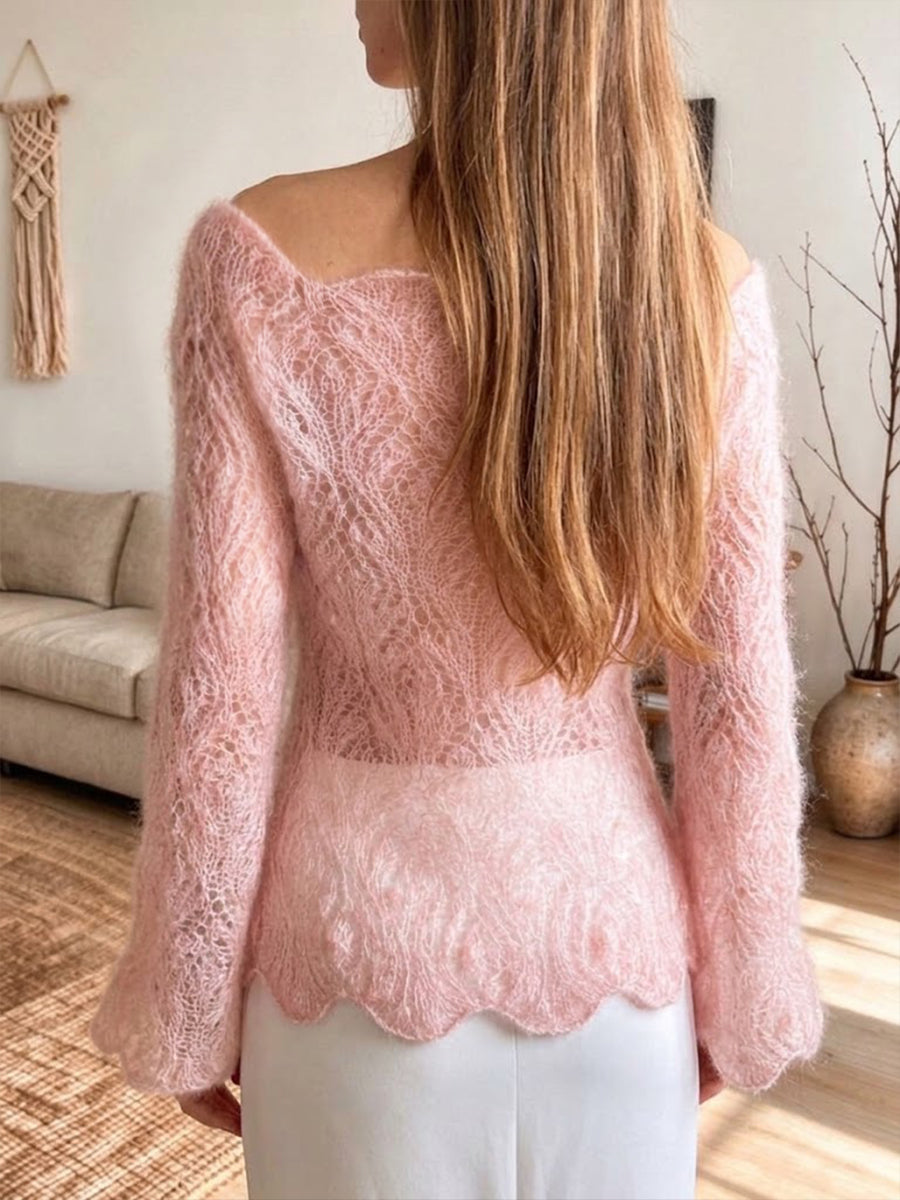 Elegante top in misto mohair a maglia aperta con spalle scoperte, maniche svasate