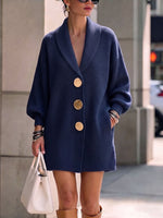 Women's Solid Color Collared Long Sleeve Casual Loose Ruffled Knit Cardigan Dress