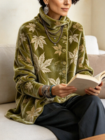 Schickes, asymmetrisches Herbst-Winter-Pullover-Oberteil aus Samt mit Ahornblatt-Print