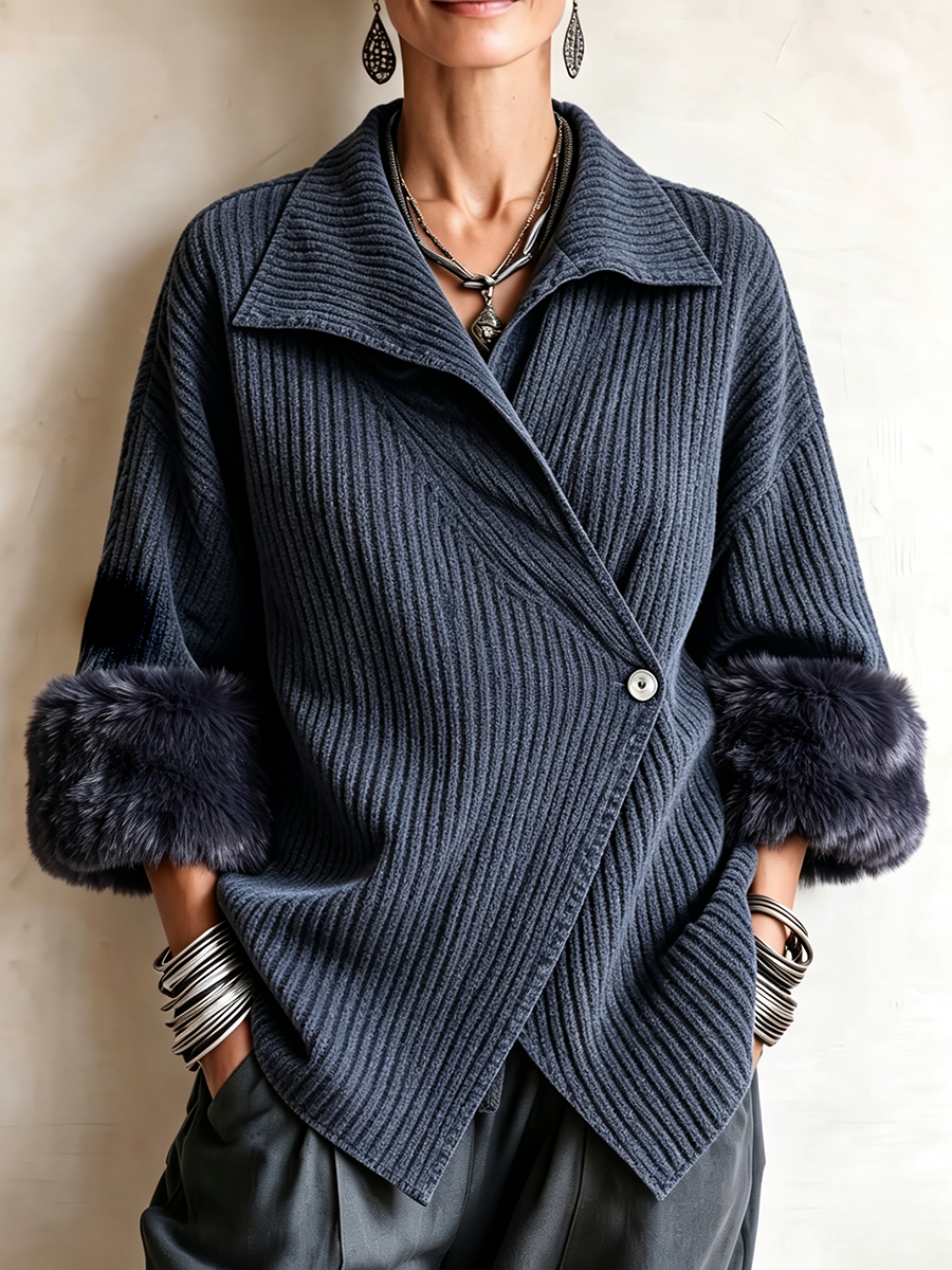 Cozy Ribbed Fur-trimmed Knitted Cardigan