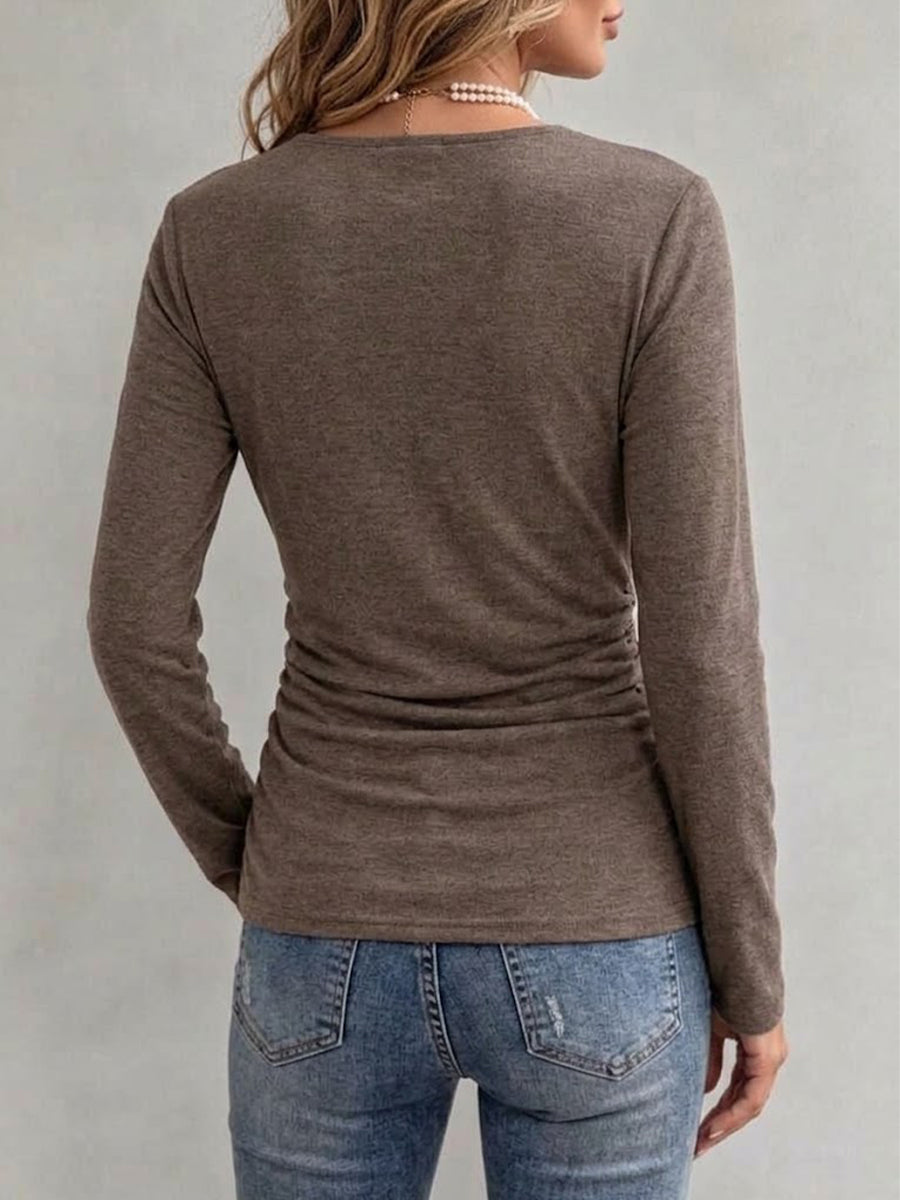 V-neck Wrap-style Ruched Slim-fit Long-sleeve Top