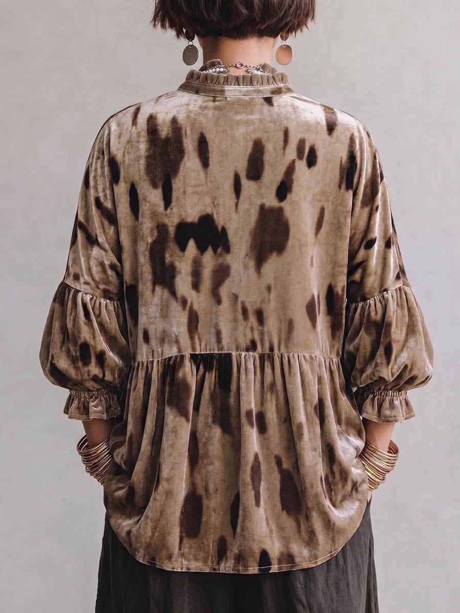 Women's Abstract Print Stand Collar 3/4 Sleeve Casual Loose Velvet Top