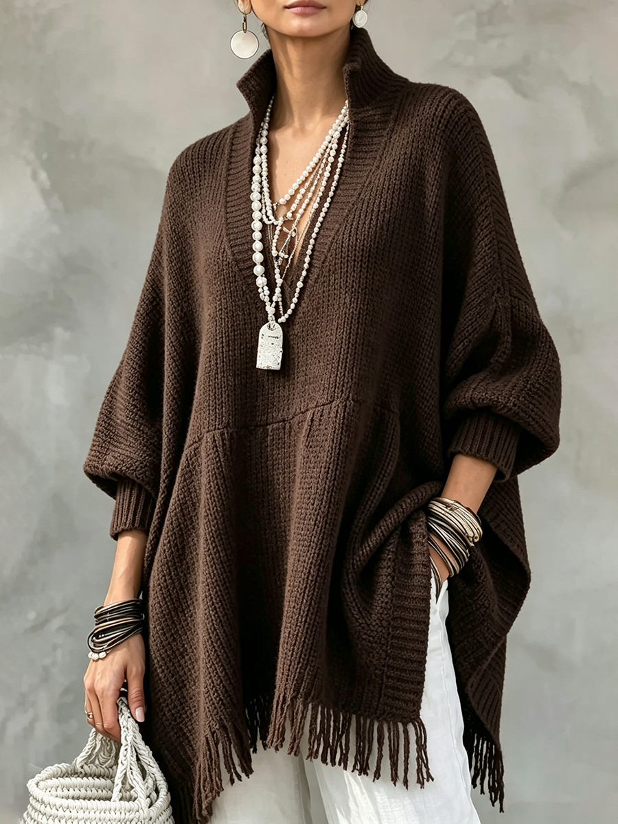Elegant Boho Batwing & Fringe Hem Oversized Long Sweater