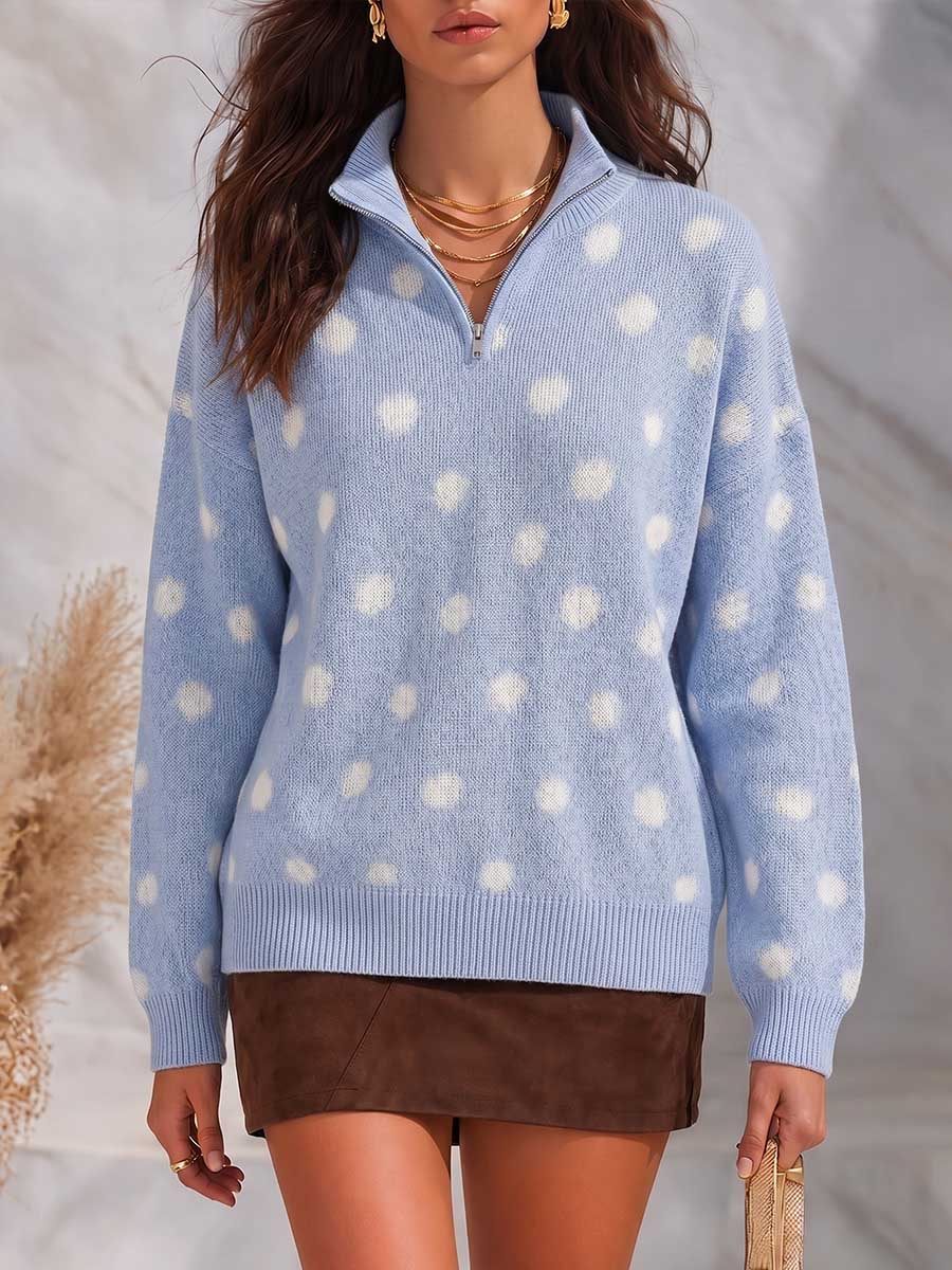 Women's Collared Long-sleeve Casual Loose Polka-dot Knit Pullover