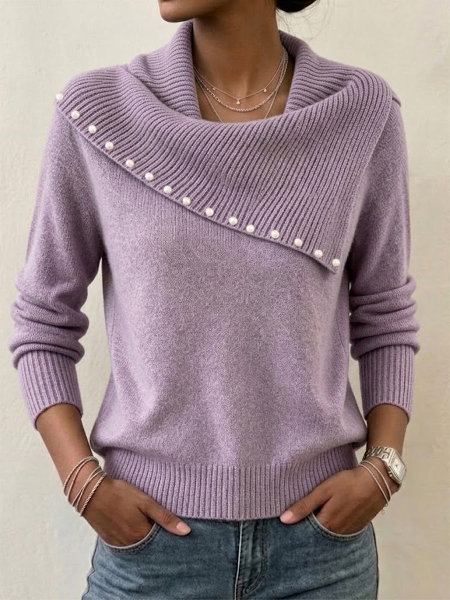 Asymmetric Pearl‑trim Draped Cowl Collar Knit Sweater