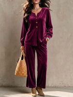 Women's Solid Color V-neck Long-sleeved Casual Loose Velvet Top And High-waisted Wide-leg Pants Set