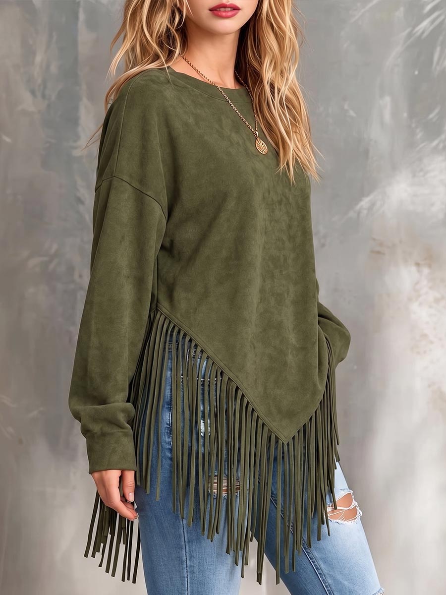 Top da donna con nappe casual allentate a maniche lunghe girocollo in tinta unita