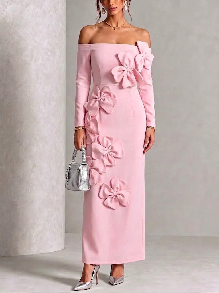 Off‑shoulder 3d Floral Long‑sleeve Fitted Maxi Dress