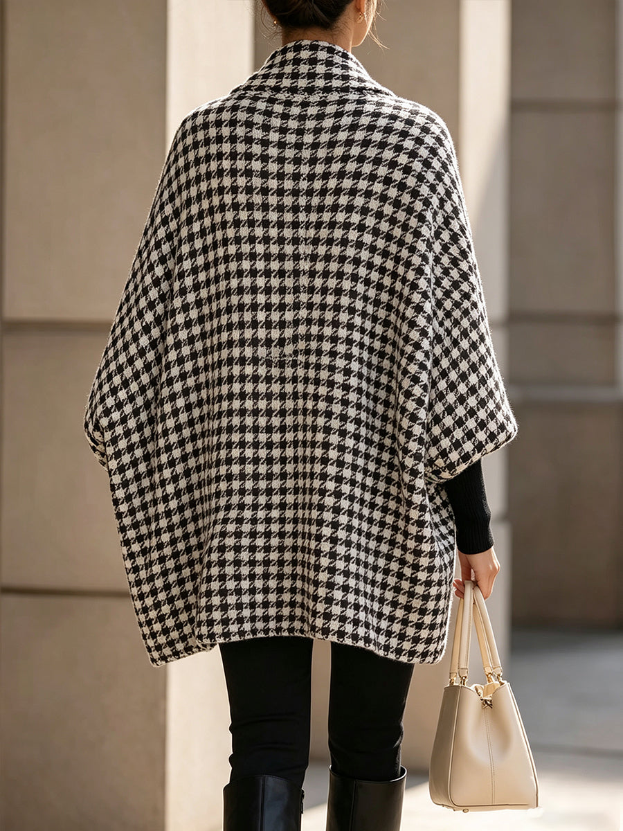 Classic Houndstooth Draped Cape Coat