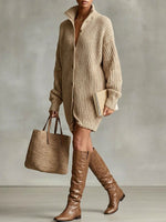 Women's Solid-color Stand-collar Long-sleeve Casual Loose Knit Cardigan Dress