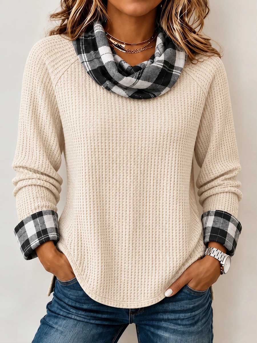 Top tunica da donna con collo ad anello scozzese in maglia a nido d'ape