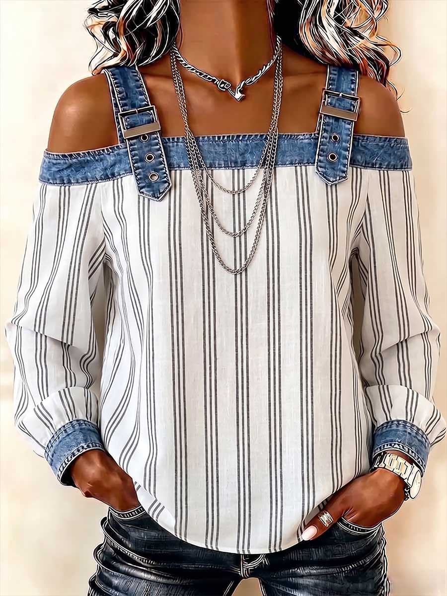 Damen-Langarmshirt mit Streifenmuster, lässig-locker, schulterfrei, mit Denim-Einsätzen