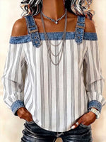 Damen-Langarmshirt mit Streifenmuster, lässig-locker, schulterfrei, mit Denim-Einsätzen