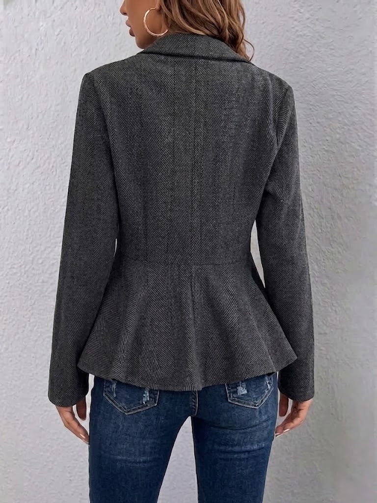 Fitted Double-breasted Blazer With Lapel, Jacquard Pattern, And Ruffle Detail