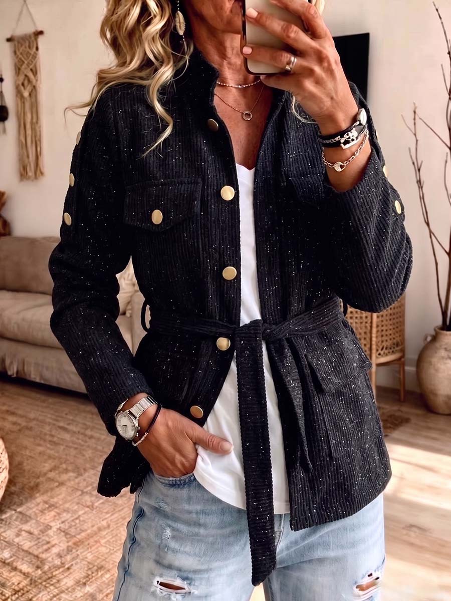 Damen-Jacke aus gesprenkeltem Tweed-ähnlichem Stoff mit Knopfleiste und Bindegürtel