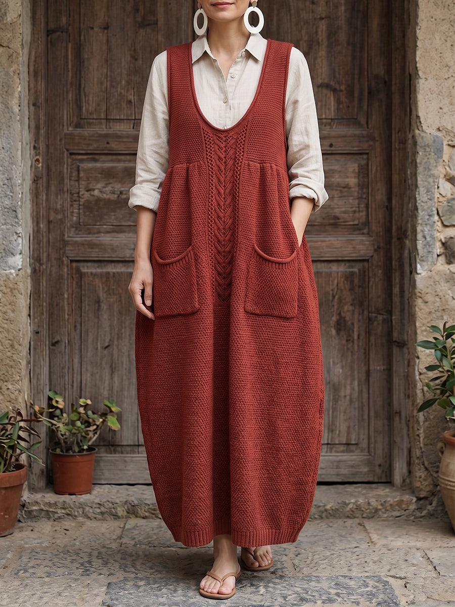 Chic Rust Red Cable-Detailed Knit Midi Pinafore Dress