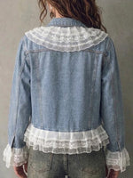 Lace Spliced Pearl Decor Cropped Denim Jacket