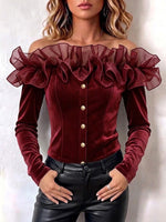 Tulle Ruffle Off‑shoulder Velvet Fitted Long‑sleeve Top