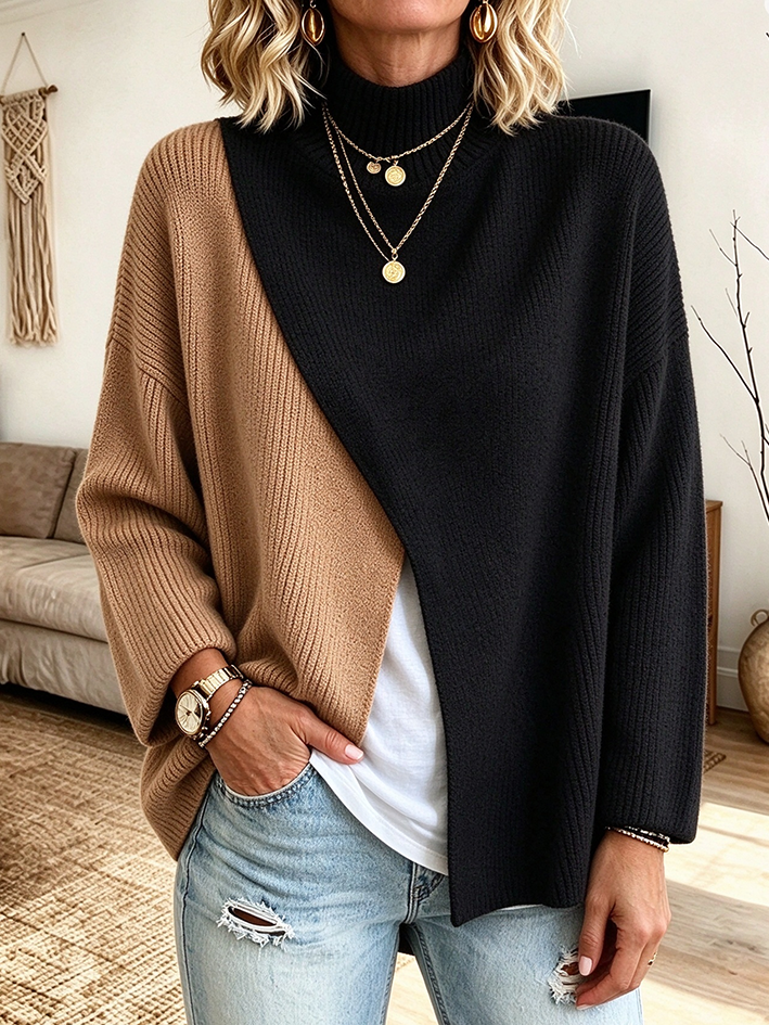 Lässiger, stilvoller, gerippter Rollkragenpullover im Colorblock-Design