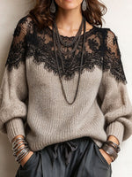 Elegant Black Floral Lace Splice Lantern Sleeve Knitted Pullover