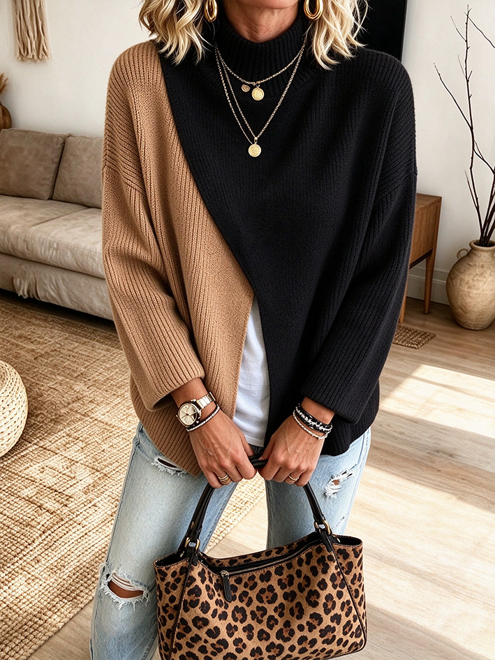 Lässiger, stilvoller, gerippter Rollkragenpullover im Colorblock-Design