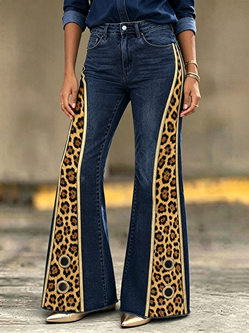 Boho Bold Leopard Print Patchwork Flared Jeans