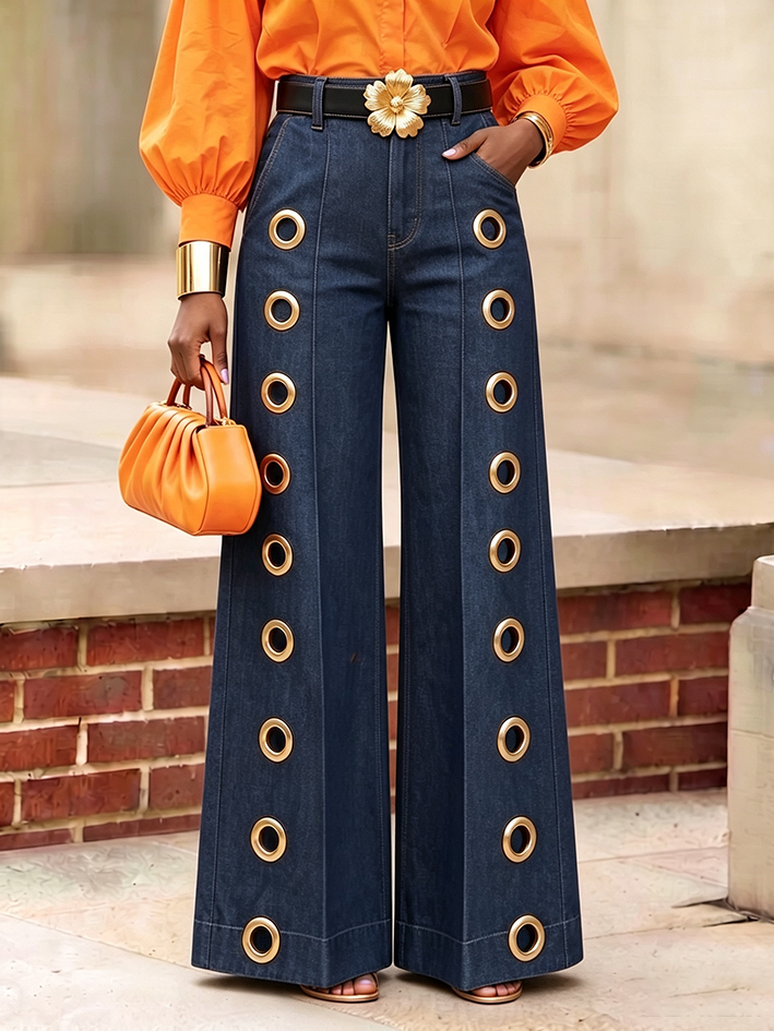 Chic Eye-catching Gold-tone Wide-leg Denim Jeans