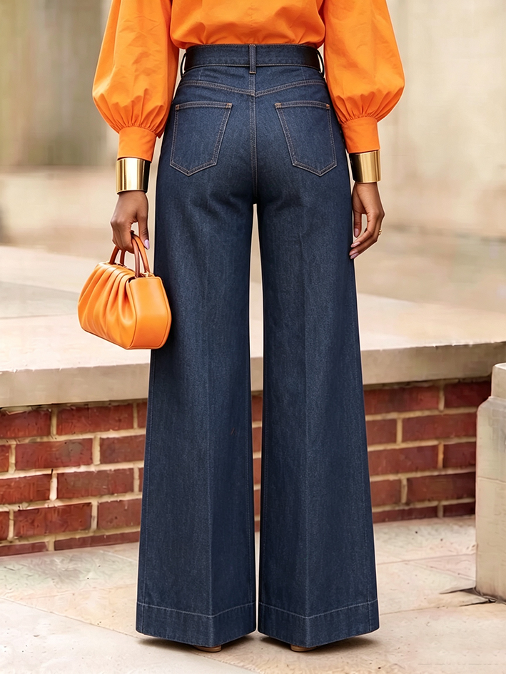 Chic Eye-catching Gold-tone Wide-leg Denim Jeans