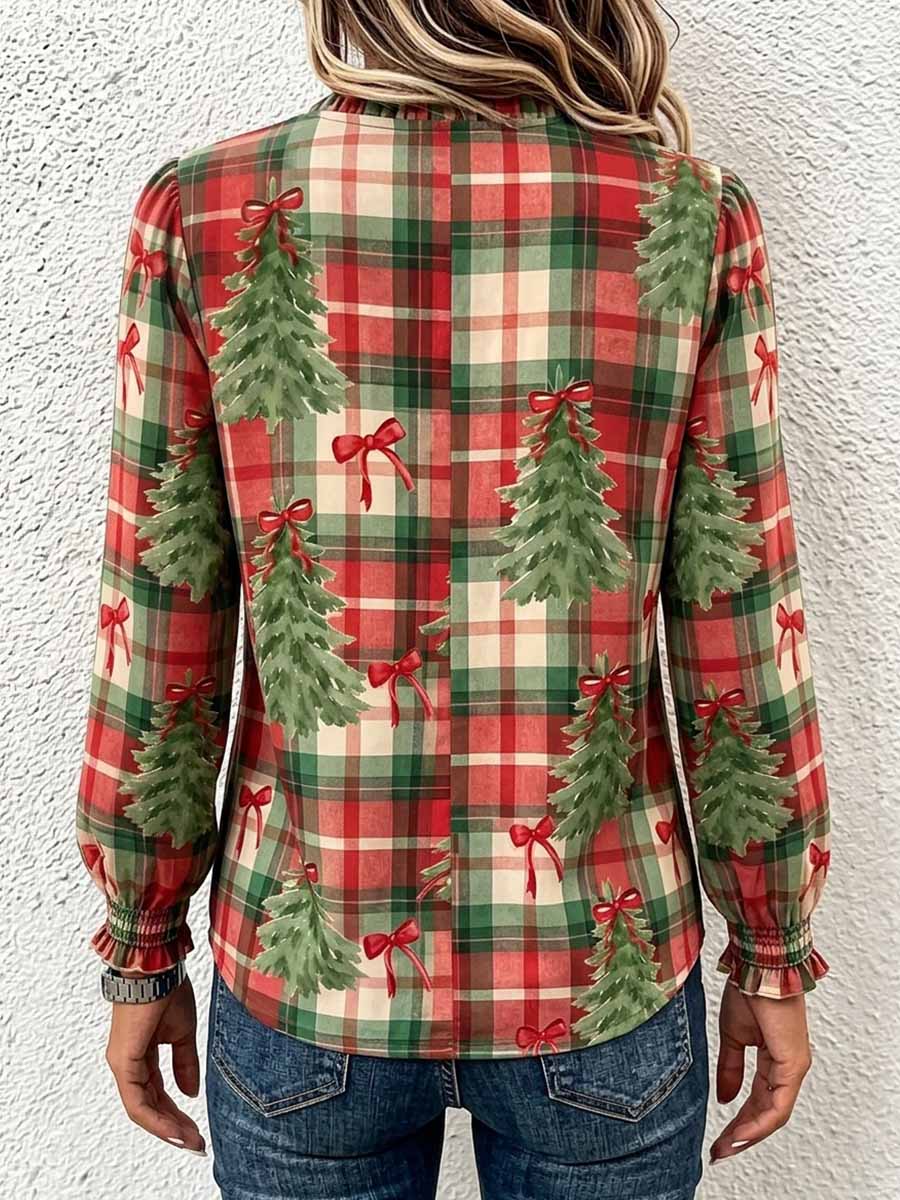 Damen-Hemd aus Baumwoll-Leinen mit kariertem Weihnachtsbaum-Print – V-Ausschnitt mit Salatkante, lange Ärmel, lockere, lässige Passform